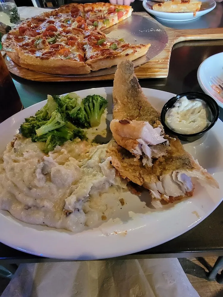 Walleye Dinner with Garlic Mashed Potatoes and Broccoli